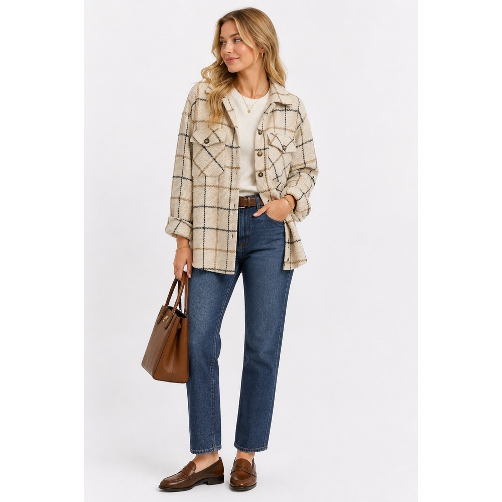 Plaid Shirt Jacket Medium Cream Tan Black Oversized Shacket Preppy Academia